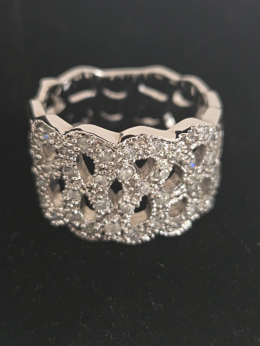 Silver Pavé Filigree With Crystals Wide Band Ring